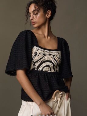 Anthropologie Black Blouse with Cream Crochet Panel